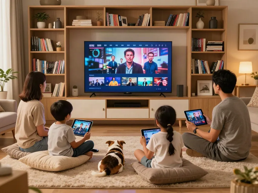 Vue familiale avec atlas pro iptv sur téléviseur et tablettes dans un salon chaleureux