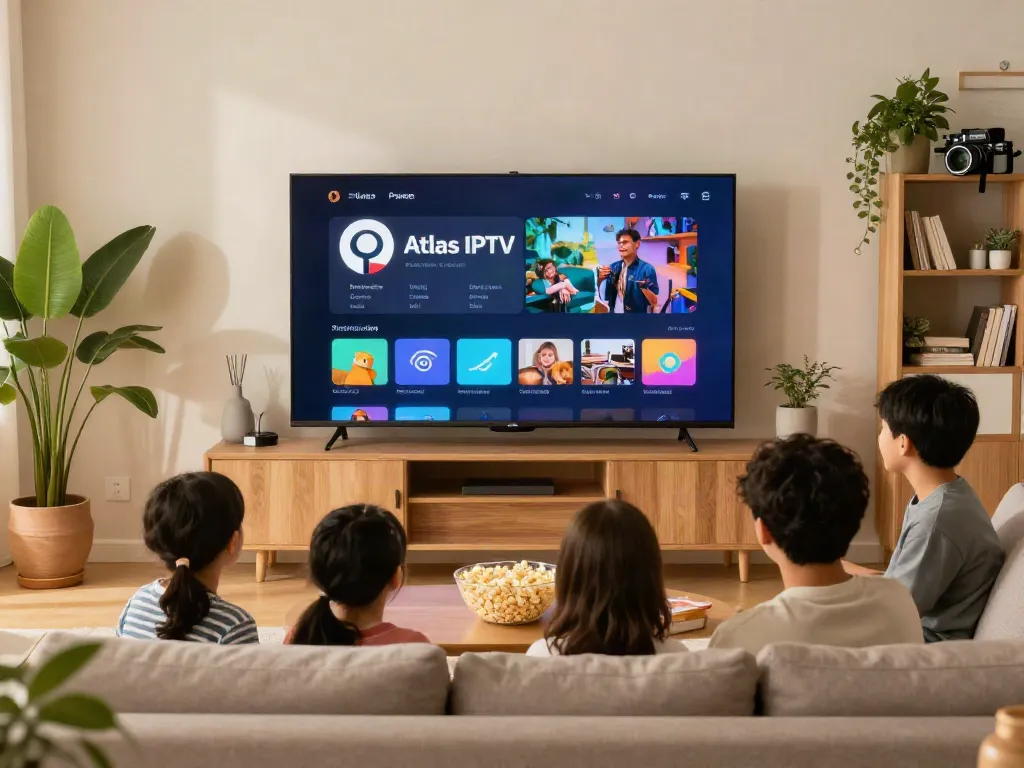 Intérieur moderne avec Atlas Pro IPTV affiché sur un téléviseur, soirée cinéma en famille.