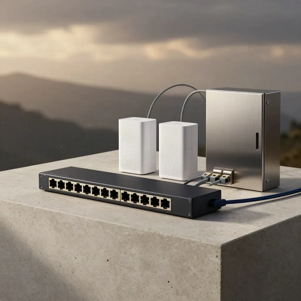Switch noir mat, bornes Wi‑Fi, fibre et connectique réseau sur fond clair après la pluie.