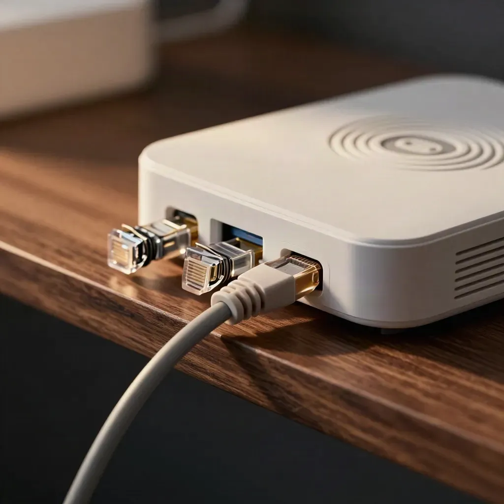 Borne Wi‑Fi, node mesh et câble réseau sur tablette en noyer, fond flou chaleureux.