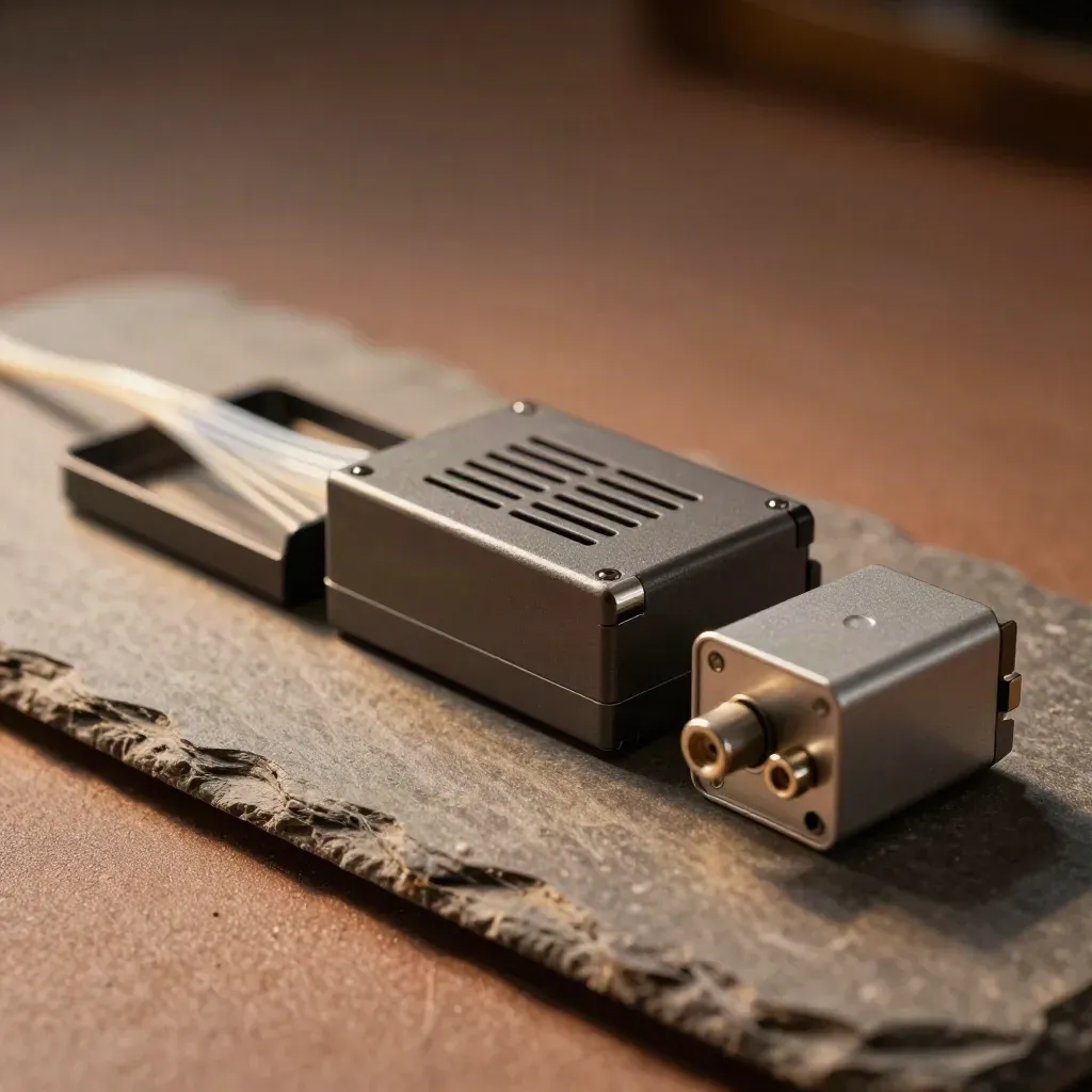 Gros plan de matériel réseau sur ardoise, avec fibre, batterie UPS et relais.