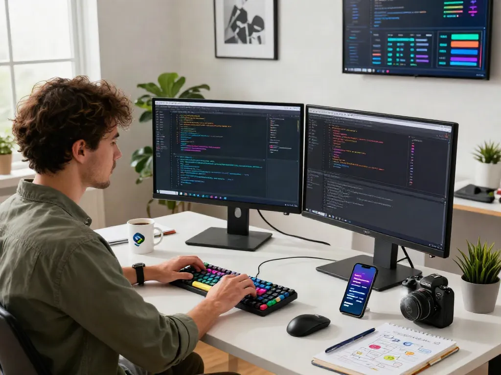 Développeur concentré sur un bureau moderne, utilisant des outils Atlas pro pour coder des logiciels.